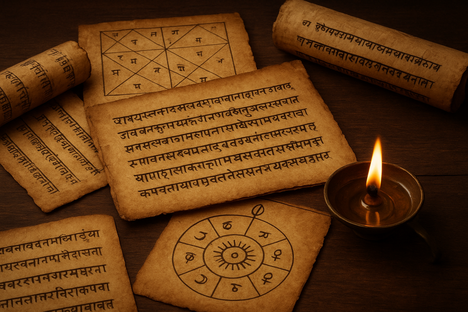 Ancient Jyotish manuscripts with Sanskrit text and celestial diagrams